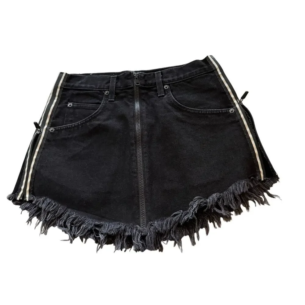 Carmar Black Denim Mini Skirt Distress Goth Preppy Women Y2k‎ Streetwear Skirt